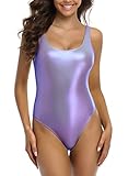 SHEKINI Women's Metallic Shiny Bikini High Cut Low Back Bikini One Piece Swimsuits (Blue, Large)