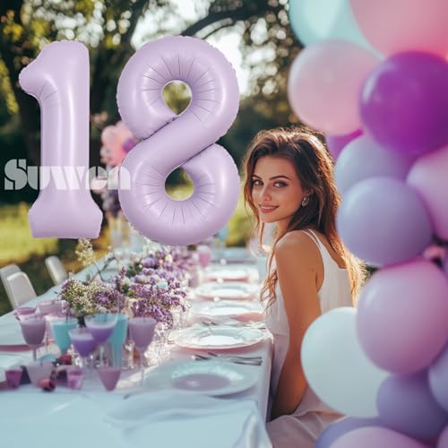 Image of SUWEN 40 Inch Light Purple Large 18 Balloon Number Big Foil Helium Lavender Number Balloons Huge Mylar 0-9 Giant Jumbo Happy 18th Birthday Party Anniversary Decorations
