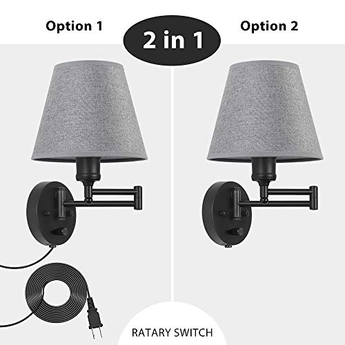 Plug in Wall Light Set of 2, Dimmable Wall Sconce, Swing Arm Wall Fixture with Gray Linen Lampshade, Modern Bedroom Wall Lights Fixtures,Bedside Reading Lamp