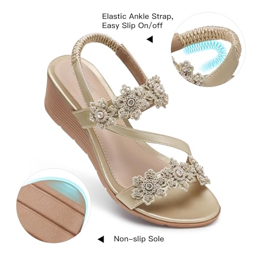 Image of SHIBEVER Wedge Sandals for Women Dressy: Summer Open Toe Low Platform Wedges Sandals Elastic Ankle Strap Flower Comfortable Casual Shoes
