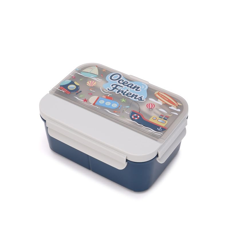 Image of Lunch Boxes 600 ml with 500ml Water Bottle Combo| Plastic 3 Compartment Leakproof Bento Box for School Picnic Office Boys and Girls - BPA Free - 4-Side Lock (Color - Dark Blue)