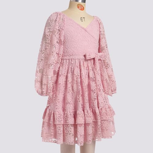 AWIBMK Mommy and Me V Neck Floral Lace Ruffle Long Dress Long Lantern Sleeve Fall Winter Mom Daughter Outfits with Belt4