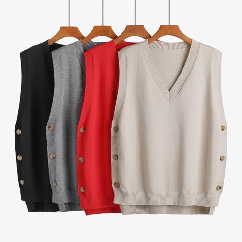 Image of Blostirno Women's V Neck Sweater Vest Ribbed Side Split Button Sleeveless Knit Pullover Sweaters Tops