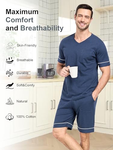 COLORFULLEAF Men's 100% Cotton Pajama Set Short Sleeve Button Down Sleepwear Soft V-neck Lounge Pjs with Pockets4