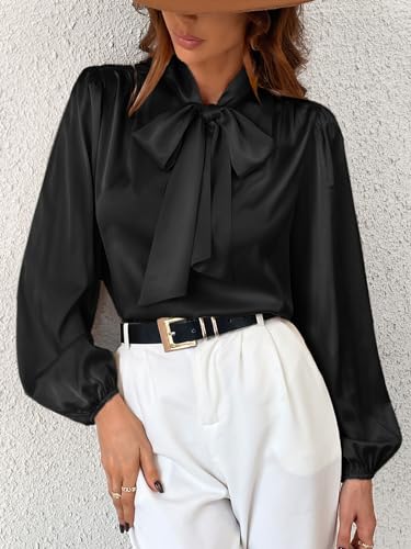 CUPSHE Women's Satin Tops Bow Tie Lantern Long Sleeve Blouses Silk Business Tops Office Work Shirt3