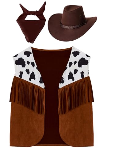 Kids Boys Girls Western Cowboy Cowgirls Outfits Cow Print Vest with Bandana Hats Set for Halloween Party3