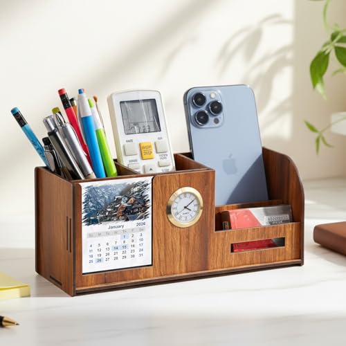 Deskart Desk Organizer With 2026 Calender, Clock, Business Visiting Card And Mobile Holder | Multipurpose Wooden Pen And Pencil Holder Stand For Office & Study Table
