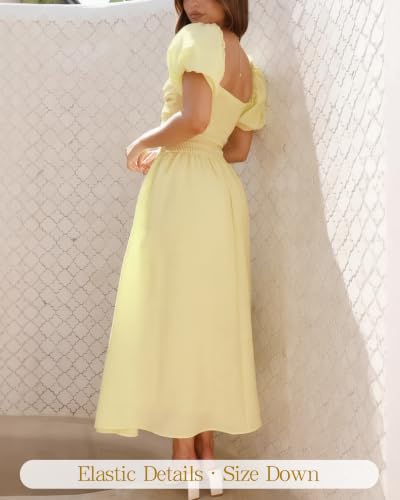 Image of Women's Summer Off The Shoulder Dresses Puff Sleeve Twist Front Cut Out A-Line Dress Casual Maxi Dress with Pockets