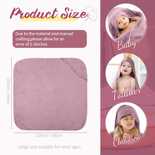 Image of VitalCozy 6 Pcs Baby Muslin Hooded Bath Towels and Washcloths, Muslin Hooded Baby Towels Absorbent Blankets for Gift Newborn Infant Shower (Mauve,Peach Pink)