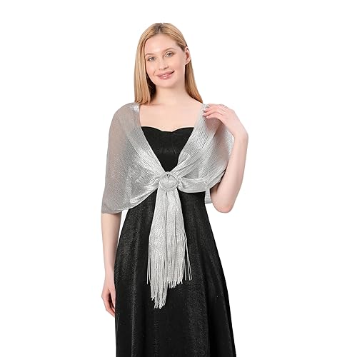 Image of Stoles for Evening Dress with Buckle, Fringes - Polyester Blend, Shimmer Stole Wraps for Weddings, Party | Women's Clothing
