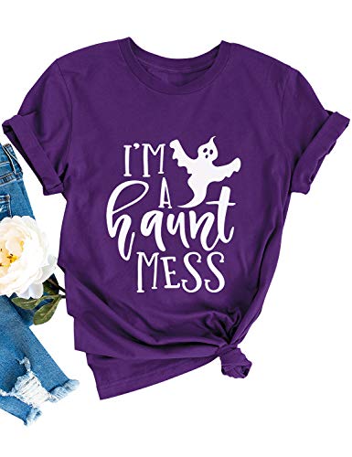 Nlife Women Im A Huant Mess Ghost Letter Graphic Solid Color T-Shirts Tops Purple