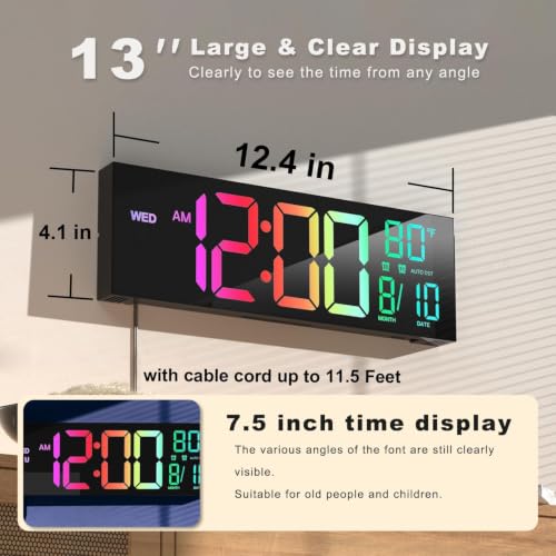 Image of JALL 13 inch Large Digital Wall Mount Clock, Count Down Timer, Alarm, Big LED, DST, Temperature for Living Room Classroom Desk, Xmas, Birthday Gift for Senior Mom Dad, RGB