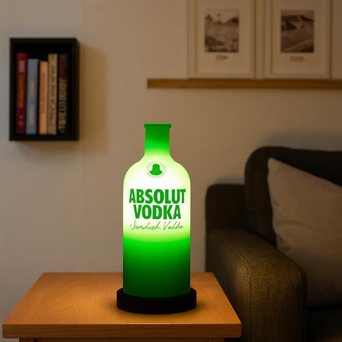 Image of Upcycled Vodka Decorative Bottle Lamp with Wooden Base & Built-in LED Light | Stylish Home & Bar Decor (Green)