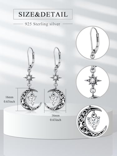 Moon Star Birthstone Dangle Drop Earrings for Women 925 Sterling Silver Black Crescent Moon Celestial Heart Earrings Hypoallergenic Gothic Jewelry Birthday Gifts3