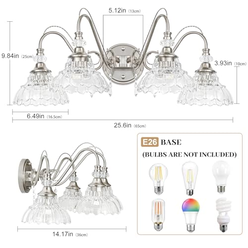 Image of Brushed Nickel Bathroom Vanity Light, 4-Light Nickel Finish Wall Sconce with Hanging Crystal Accents and Flower-Shaped Clear Glass Shades, Modern Wall Mount Vanity Light Over Mirror for Bathroom