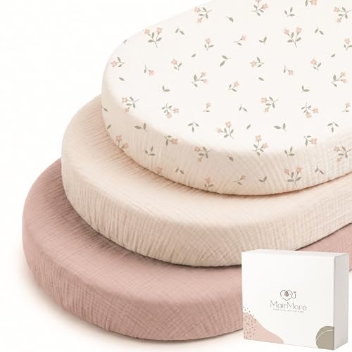 Image of MairMore 3 Pack Muslin Bassinet Sheets for Babies, Soft & Breathable 100% Cotton Fitted Sheets for Oval, Rectangle, Hourglass Bassinet Mattress Pads (Pink Blossom)