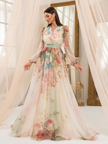 Image of TOLEEN Summer Casual Dresses for Women 2024 Spring Fashion Boho V Neck Long Sleeve Ruffle Floral Print Elegant Maxi Dress