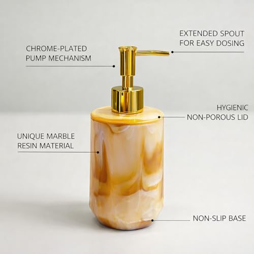 Image of Luxe Home International Marble Pattern Plastic Soap Dispenser for Bathroom and Kitchen Sink Leak Proof Liquid Hand Wash Round Bottle Lightweight Smooth Finish (17x8 cm Yellow) Pack of 1