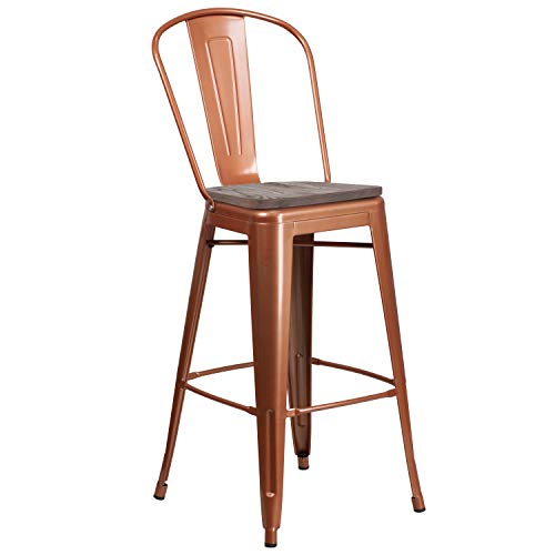 Butaco de bar estilo bistró EMMA + OLIVER con asiento de madera y estructura metálica en cobre, altura 46 pulgadas, uso comercial e interior miniatura 3