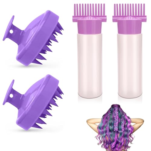 VireEyU Set de 4 Piezas Aplicador de Aceite para Cabello con Cepillo de Masaje - Botella Aplicadora y Cepillo para Masaje del Cuero Cabelludo, para Coloración y Cuidado del Cuero Cabelludo, Morado