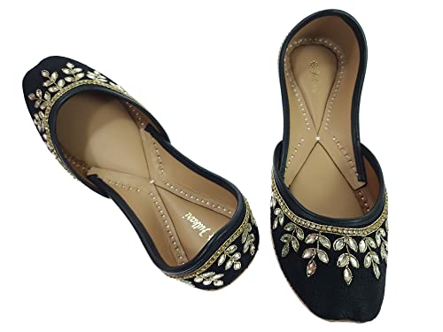 Image of Fulkari Women's Dolli Gold Genuine Soft Leather Embroidered Jutis | Bite and Pinch Free Jutti | Punjabi Formal Juttis | Girl's Wedding Flat Ladies Mojari | Formal Ethnic Juti |