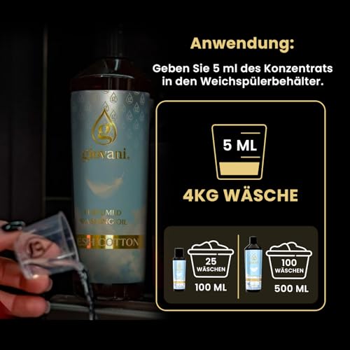 Giovani Wäscheparfüm Fresh Cotton 100 ml | Frisch-pudriger Duft nach frisch gewaschener Wäsche – Ideal wäscheduft für Bettwäsche & Kinderkleidung | (20 Waschungen) 5