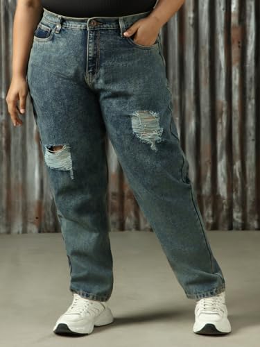 Image of High Star Women Cotton Washed Mom Fit Casual High-Rise Jeans