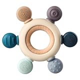 Baby Teething Toys, Silicone Chewable Teethers with Wooden Ring for Soothing Babies Gums, Rudder Chewers Shower Gift for lnfants & Toddlers, 3+ Months (6 Directions, Gray)