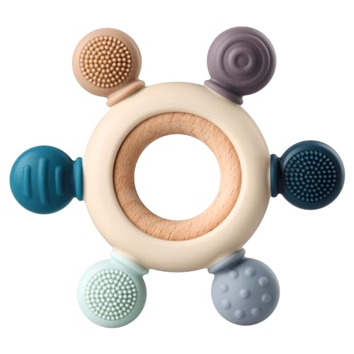 Baby Teething Toys, Silicone Chewable Teethers with Wooden Ring for