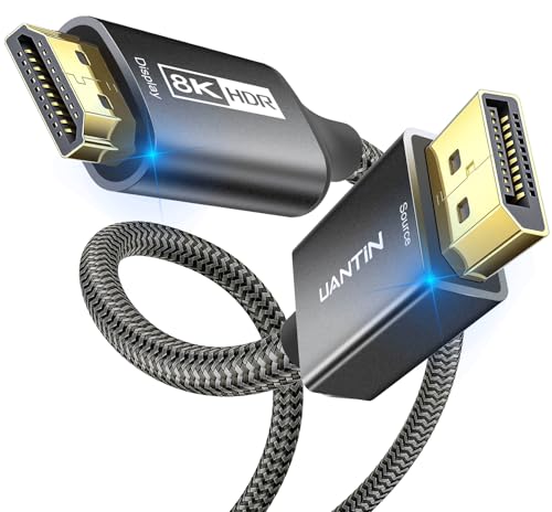 UANTIN DisplayPort to HDMI 8K Cable (8K@60Hz,4K@120Hz,2K@144Hz) 10FT DP 1.4 (Source) to HDMI 2.1 (Display) Uni-Directional Display Port Braided Cord Support HDCP2.3/HDR10/DSC for PC, AMD, NVIDIA