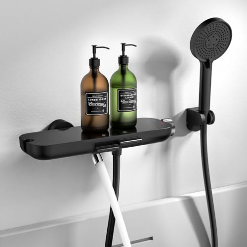 HOMELODY Badewannenarmatur schwarz mit Handbrause 360 drehbarer Auslauf Badewannenarmaturen mit Duschbrause Glasablage 1 5 m PVC Schlauch Mischbatterie zur Wandmontage