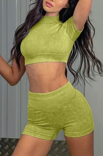 Women's Yoga Workout Sets 2 Piece Seamless Ribbed Short Sleeve High Neck Crop Top Tummy Control Butt Lifting High Wasit Shorts Sets Tracksuit Sportwear #2 Green Medium #TOP3