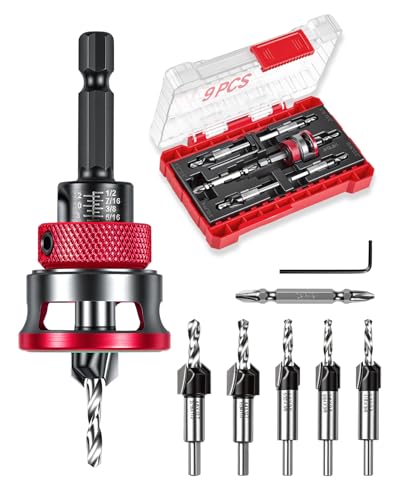 9 PCS Countersink Drill Bits Set, 5PCS Two-Flute TCT Alloy Tapered Drill Bits and Adjustable Depth Stop Collar, Wood Countersink Bit with Wrench for 82 Degree Woodworking, Plywood and MDF DIY