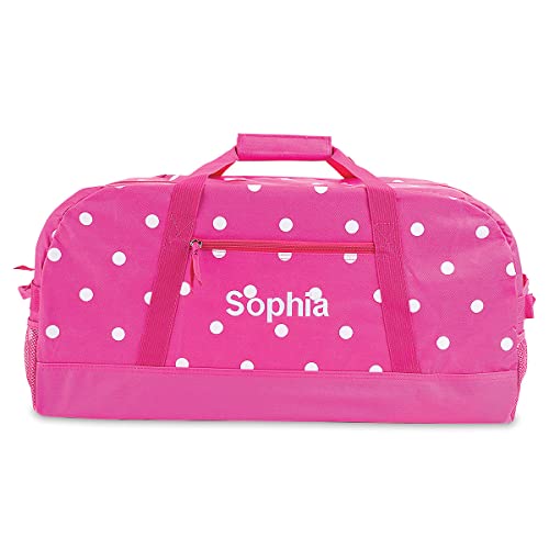 Lillian Vernon Personalized Duffel Bag for Kids, Roomy Pink & White Dots Weekender With Front & Side Compartment, Customizable Girls Sports & Travel Bags With Custom Name, 11\" x 12\" x 23\"W
