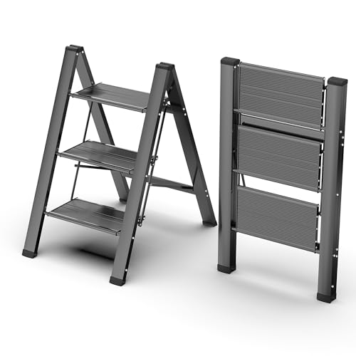 FlyGeneral 3 Step Ladder, Folding Ladder Stool, Black, Wider Upgraded
