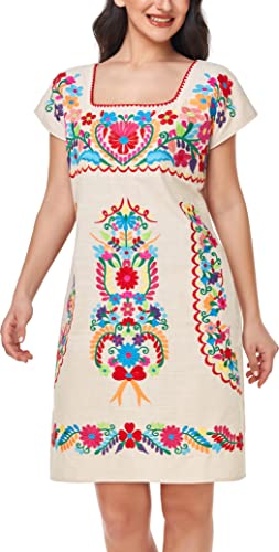 Image of YZXDORWJ Women Mexican Embroidered Dress Ruffle Collar Sleeveless