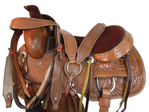 Western Trail Saddle Horse Pleasure Comfortable Ride Tooled Leather Rodeo Cowboy Saddles 15 16 17 18 FQHB (16 Inch, Wavy Border)