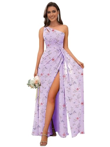 Image of OFEECHUN Women's Chiffon One Shoulder Bridesmaid Dresses Long Pleated Formal Evening Gowns with Slit