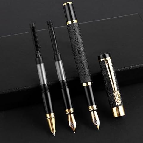 Amaxiu Luxury Fountain Pen Set with 3 Different Nibs, Iridium Extra Fine & Fine & Bent Nib Metal Fountain Pen Calligraphy Pen Gift for Business Journal Office Suitable 2.6mm Ink Cartridges(Black) Cover