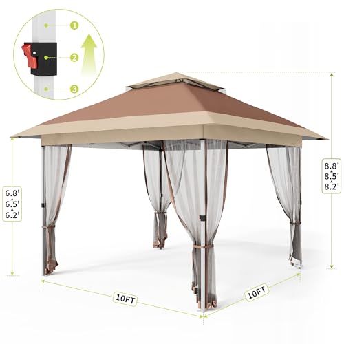 10x10 Canopy Tent, Pop Up Gazebo Tent with Mosquito Netting, Outdoor Canopy with 4 Sandbags & Wheeled Bag & Height Adjustable, Pop Up Gazebo for Patio Garden Backyard Lawn Deck