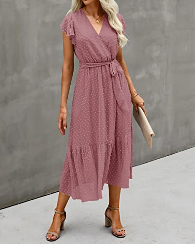 Image of BTFBM Women Summer Bohemian Floral Casual Wrap V Neck Ruffle Cap Sleeveless Belt A-Line Pleated Hem Midi Sun Dress White