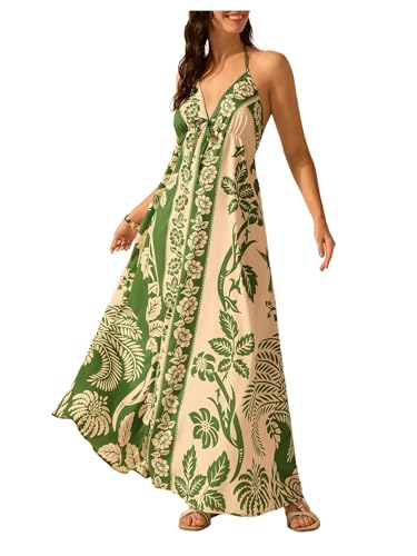 Image of SOLY HUX Women's Boho Floral Print Maxi Dress Halter Backless Flowy Long Vacation Beach Summer Dresses