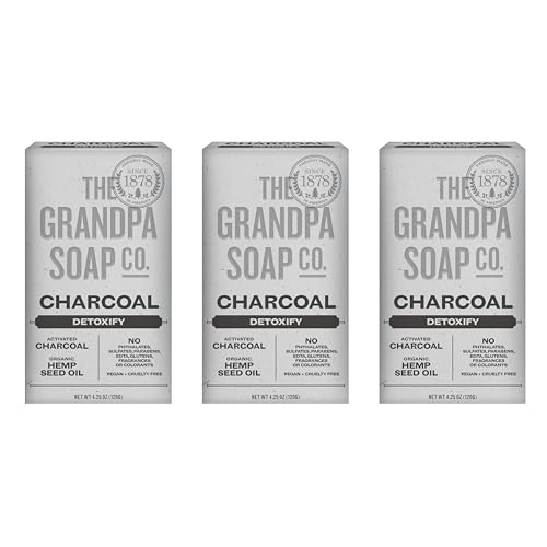 The Grandpa Soap Company Charcoal Bar Soap - With Activated Charcoal Hemp Seed and Mint Oil, Detoxifies, Draws Out Dirt and Toxins, Clear Congested Pores, Vegan, 4.25 Oz, 3 Pack