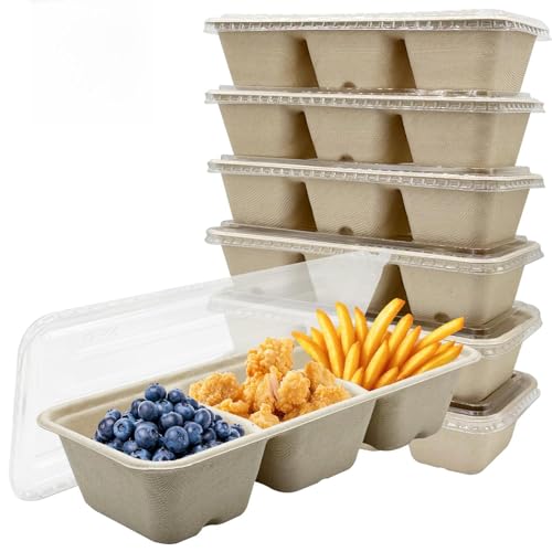 La Llareta 20 PCS Cajas Bento Rectangulares de 3 Compartimentos, 600ml Cajas de Almuerzo Desechables con Tapa, Resistentes al Aceite y Agua, Contenedores iodegradables para Llevar y Picnic