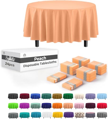 Image of Exquisite Peach Plastic Table Cloth - 84-Inch Round Disposable Tablecloth for Parties - Round Tablecloth - Disposable Table Cloths for Parties - Plastic Table Cover for Picnics