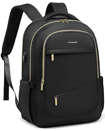 LOVEVOOK Laptop Backpack for Women, Black Business Travel Backpacks with USB Port, Water Resistant Work Teacher Computer Bag, Stylish Daypack, Fits 15.6' Laptop