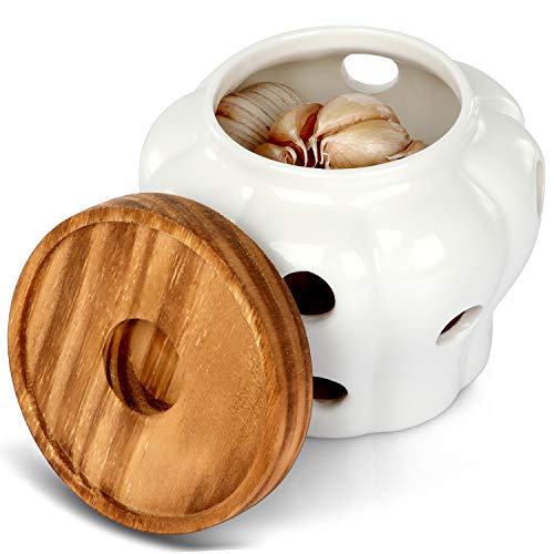 Allprettyall Garlic Keeper Vented Ceramic Garlic Storage Container White Stoneware With Acacia Wood Lid #TOP1