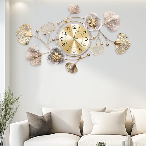 Blissio 2025 Grande Horloge Murale, Horloge Murale, Design Silencieux, Design de Feuilles Ginkgo en Métal Rétro, pour Salon et Cuisine, Décoration Murale...