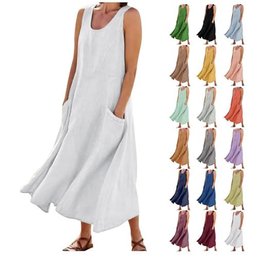 Femme Robe Longue d'été sans Manche Col Rond Lin en Coton Décontractée Pas Cher Maxi Robe de Plage Grande Taille Couleur Unie Bohème avec Poches,Blanc,XL,f139r