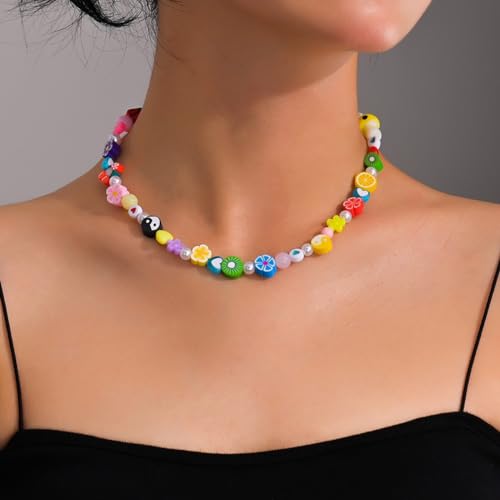 Y2K Necklace for Women Colorful Fruit Pearl Choker Necklace Cute Mushroom Yin Yang Beaded Necklace Handmade Resin Flower Jewelry3